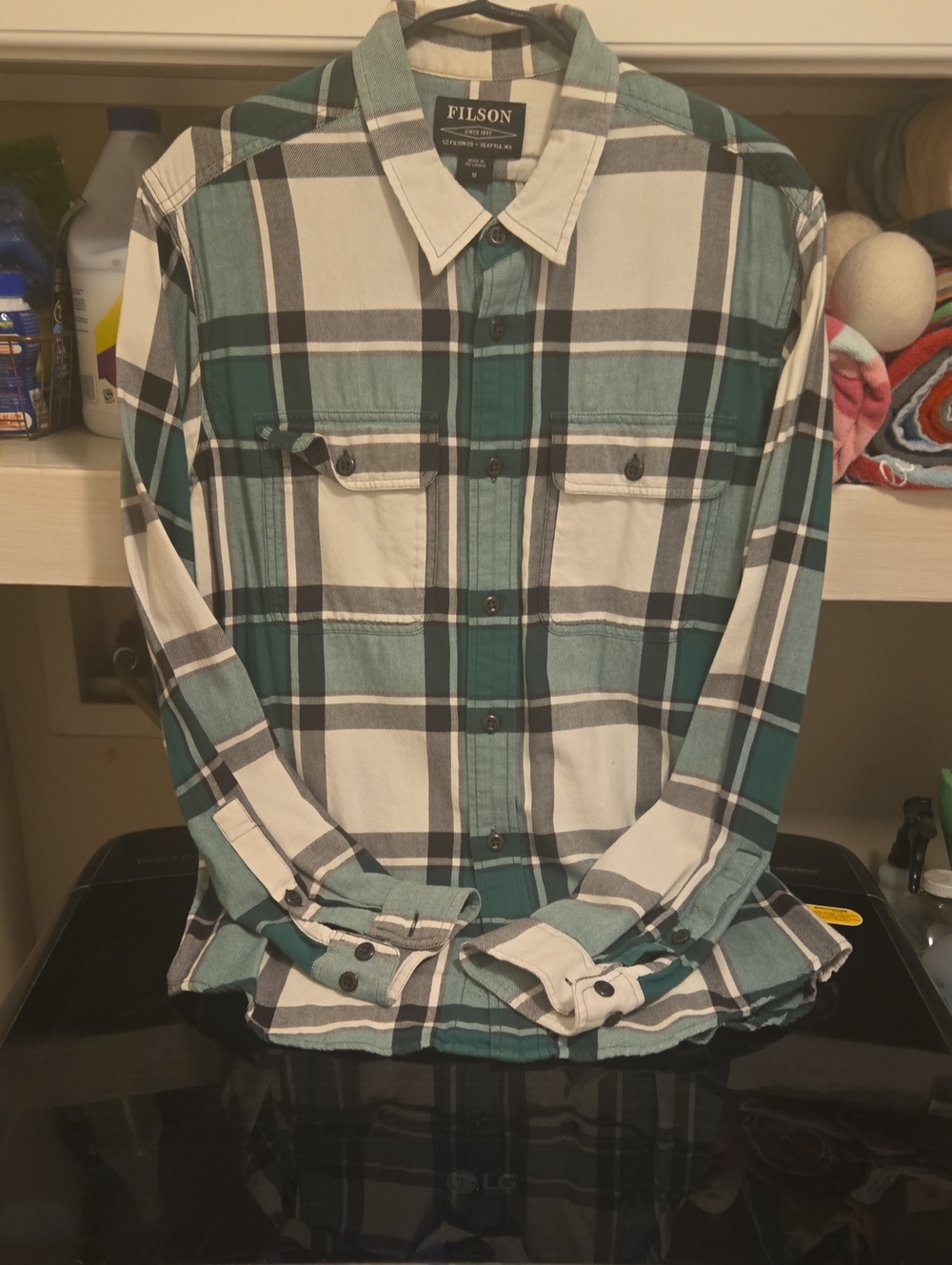 Filson Teal, White and Black Plaid Cotton Button-Down Shirt